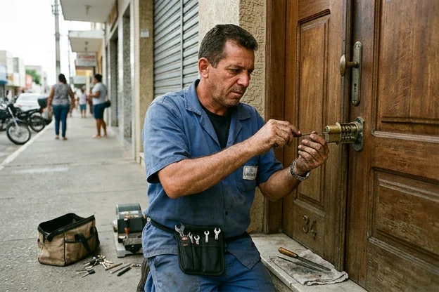 Chaveiro realizando manutenção em uma fechadura em Paulo Afonso.