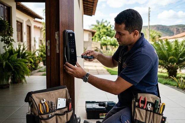 Fechadura digital instalada em uma porta em Paulo Afonso, mostrando tecnologia e segurança.